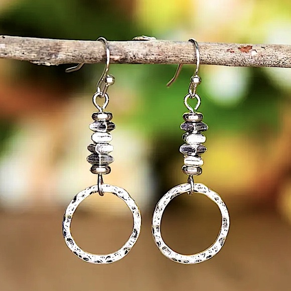 Boho Geometric Silver Irregular Earrings Circle Beaded - Picture 2 of 7
